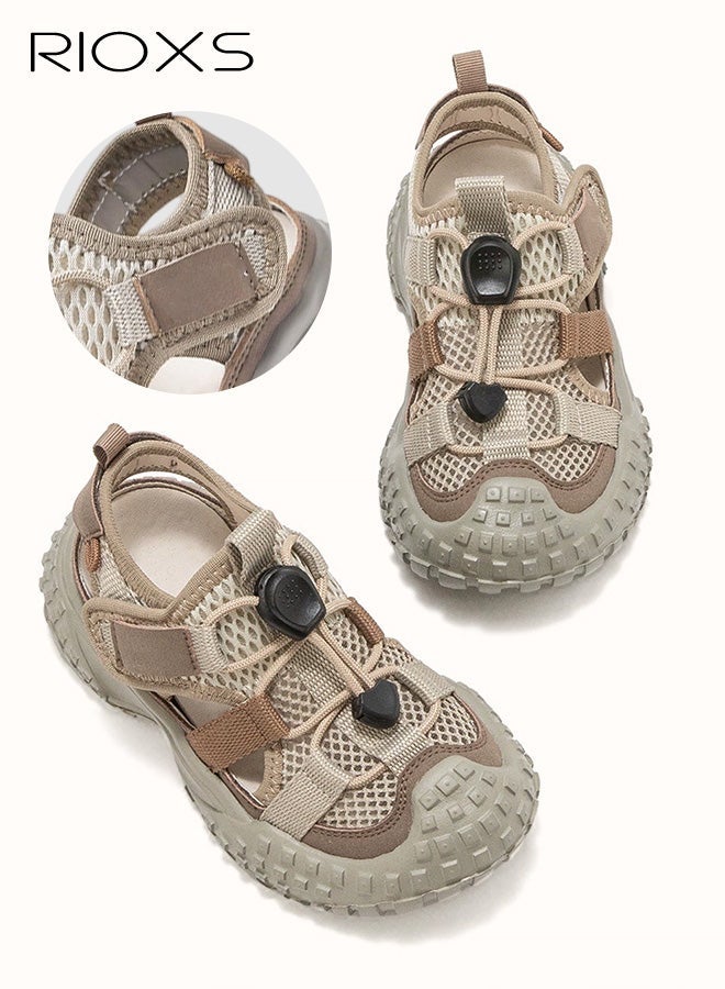 RIOXS Kids Unisex Sandals, Trendy Baby Girls' Flat Sandals, Boys' Closed Round Toe Sports Water Shoes, Summer Breathable Mesh Shoes Qucik Dry Sandals, Lightweight Toddler Barefoot Shoes, Non-Slip Comfy Convenient Sneakers for Beach/ Kayaking/ Pool, Tennis Hiking Sneaker for Indoor Outdoor Activities, Kid's Footwear Khaki - Image 1