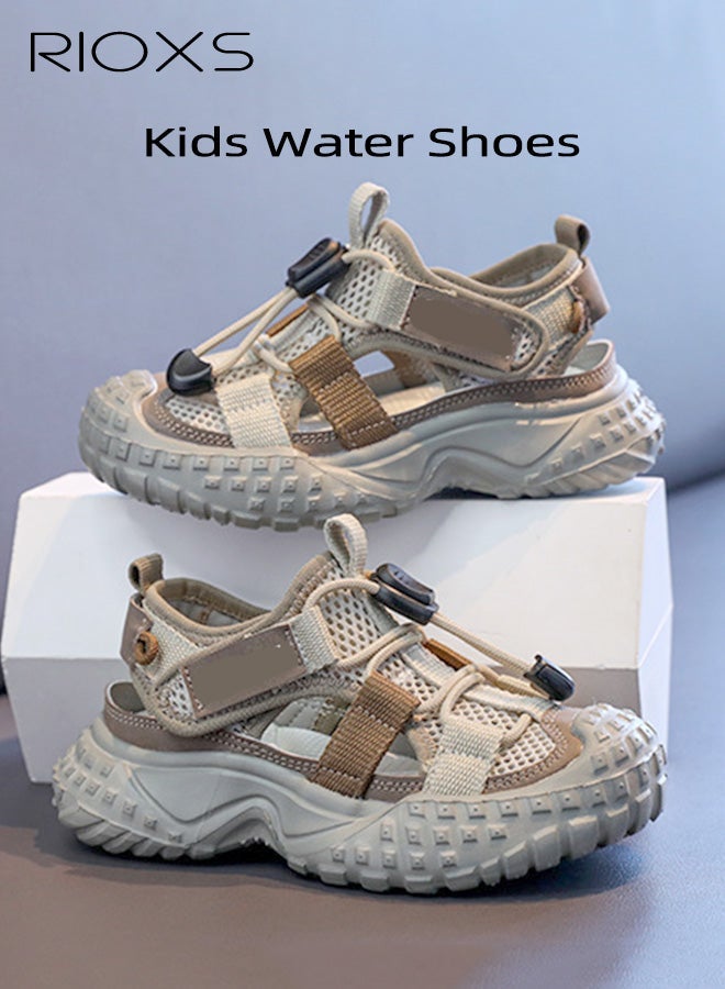 RIOXS Kids Unisex Sandals, Trendy Baby Girls' Flat Sandals, Boys' Closed Round Toe Sports Water Shoes, Summer Breathable Mesh Shoes Qucik Dry Sandals, Lightweight Toddler Barefoot Shoes, Non-Slip Comfy Convenient Sneakers for Beach/ Kayaking/ Pool, Tennis Hiking Sneaker for Indoor Outdoor Activities, Kid's Footwear Khaki - Image 2
