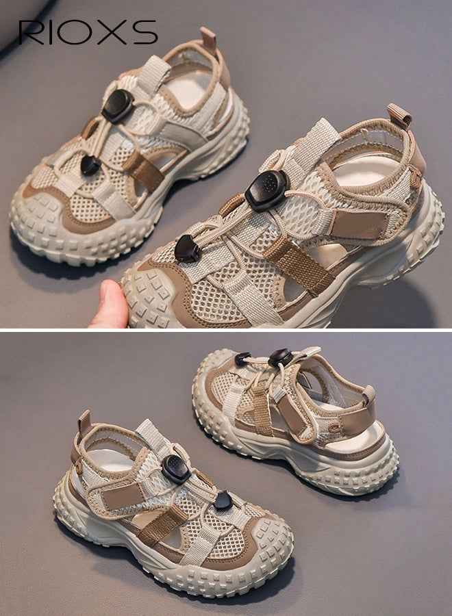 RIOXS Kids Unisex Sandals, Trendy Baby Girls' Flat Sandals, Boys' Closed Round Toe Sports Water Shoes, Summer Breathable Mesh Shoes Qucik Dry Sandals, Lightweight Toddler Barefoot Shoes, Non-Slip Comfy Convenient Sneakers for Beach/ Kayaking/ Pool, Tennis Hiking Sneaker for Indoor Outdoor Activities, Kid's Footwear Khaki - Image 4