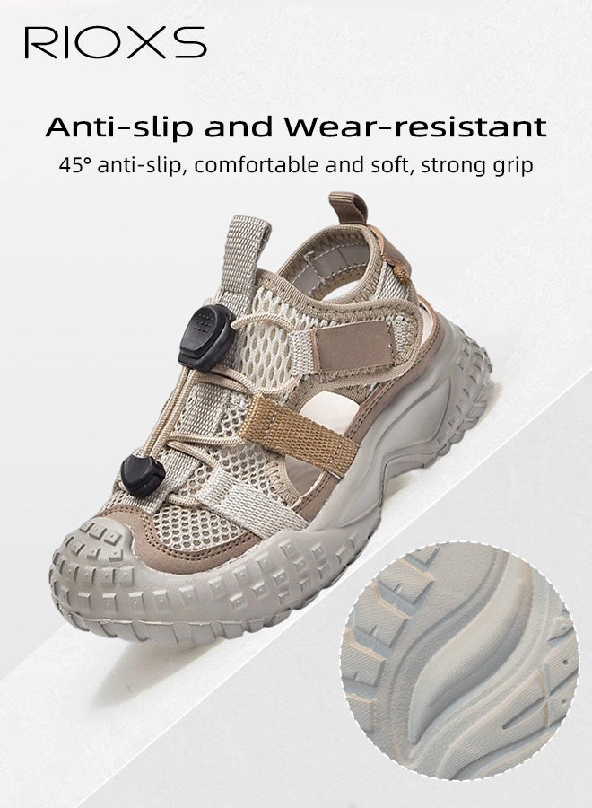 RIOXS Kids Unisex Sandals, Trendy Baby Girls' Flat Sandals, Boys' Closed Round Toe Sports Water Shoes, Summer Breathable Mesh Shoes Qucik Dry Sandals, Lightweight Toddler Barefoot Shoes, Non-Slip Comfy Convenient Sneakers for Beach/ Kayaking/ Pool, Tennis Hiking Sneaker for Indoor Outdoor Activities, Kid's Footwear Khaki - Image 3