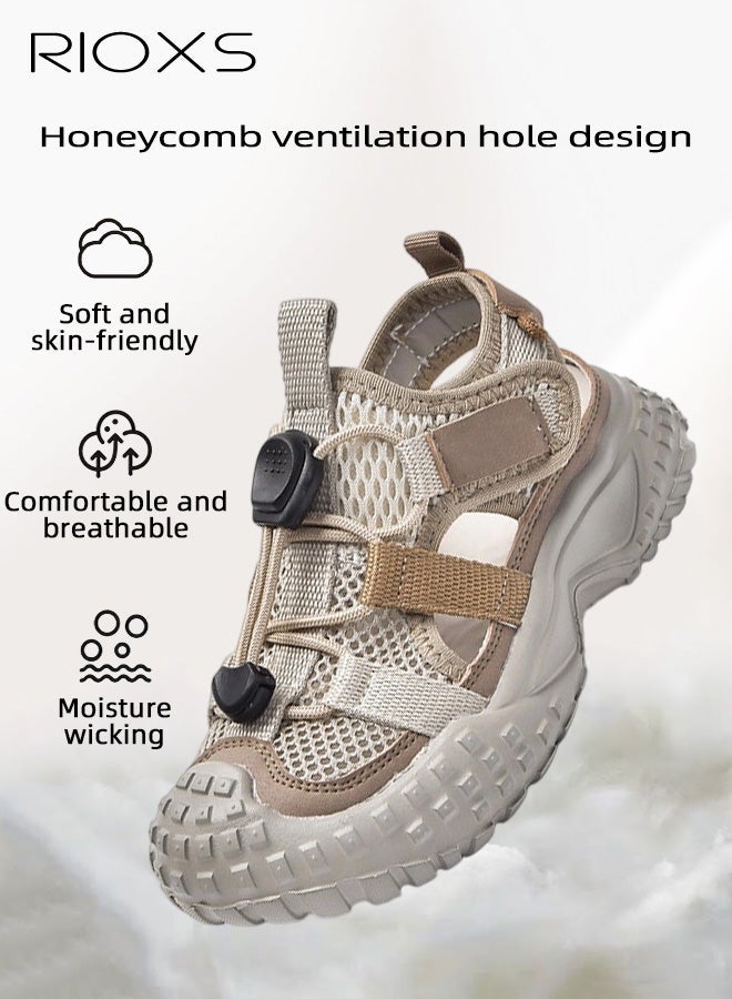 RIOXS Kids Unisex Sandals, Trendy Baby Girls' Flat Sandals, Boys' Closed Round Toe Sports Water Shoes, Summer Breathable Mesh Shoes Qucik Dry Sandals, Lightweight Toddler Barefoot Shoes, Non-Slip Comfy Convenient Sneakers for Beach/ Kayaking/ Pool, Tennis Hiking Sneaker for Indoor Outdoor Activities, Kid's Footwear Khaki - Image 5