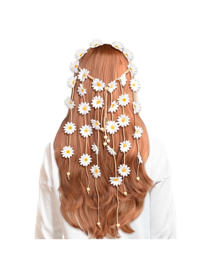 Sucrain 1Pcs Flower Hippie Headband Floral Crown Summer Sunflower Hair Accessories For 70 S Bohemian Costumes Style (White) - Image 3