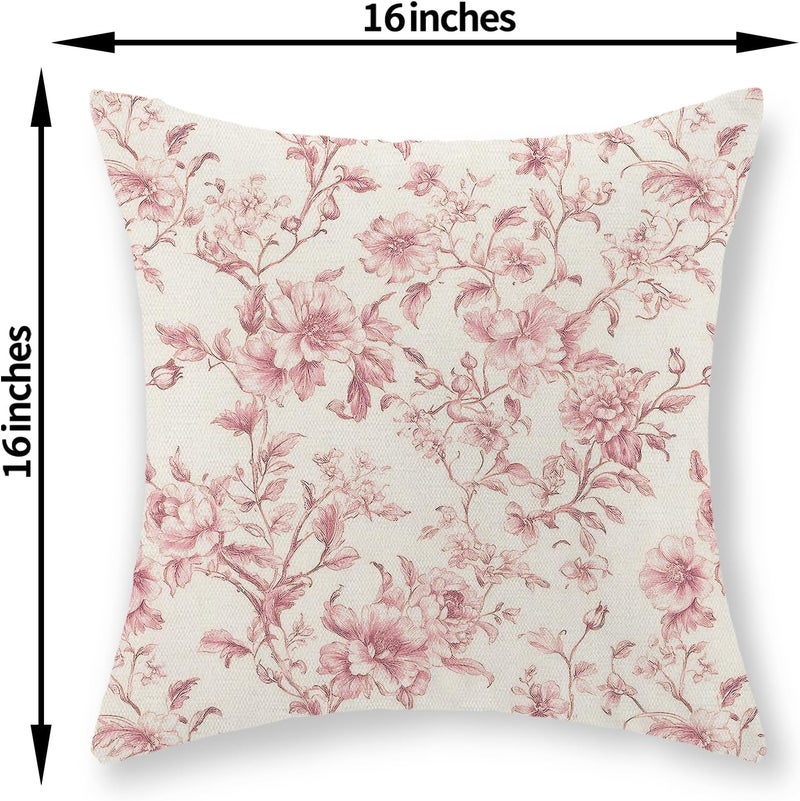 GOLIANDA Pink Pillow Covers 16x16 Set of 2 Pink and Cream Floral Chinoiserie Throw Pillows Vintage Rustic Toile Flower Decorative Pillowcase Outdoor Chinoiserie Decor Linen Cushion Case for Couch Sofa - Image 2
