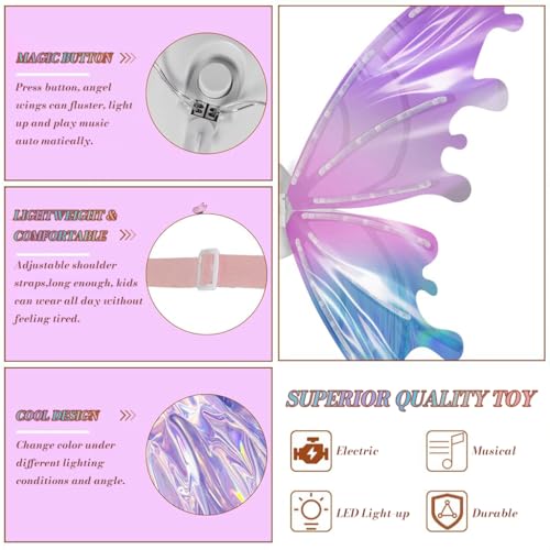 PATPAT® Electric Butterfly Wings for Girls with LED Lights and Music, Light Up Moving Fairy Wings for Halloween Christmas Birthday Party, Princess Cosplay Costume Accessory Gift for Kids 5+ Years - Image 3