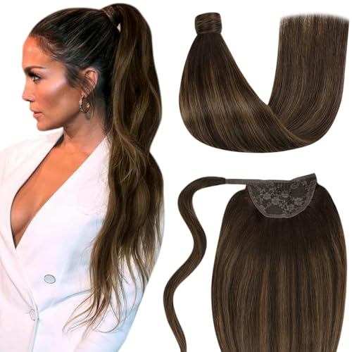 LaaVoo Ponytail Extension Human Hair Brown Ombre Ponytail Extensions for Women Balayage Darkest Brown to Light Brown Pony Tails Hair Extensions Real Humen Hair Short Straight 12 Inch 70g