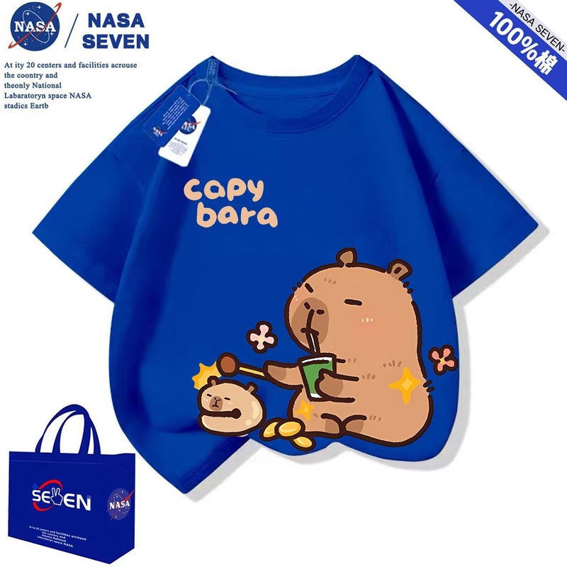 Nasa Cute Capybara Short-Sleeved Boys And Girls Summer Super Cute Capybara Pure Cotton T-Shirt Breathable Medium And Large Children'S Clothing - Image 1
