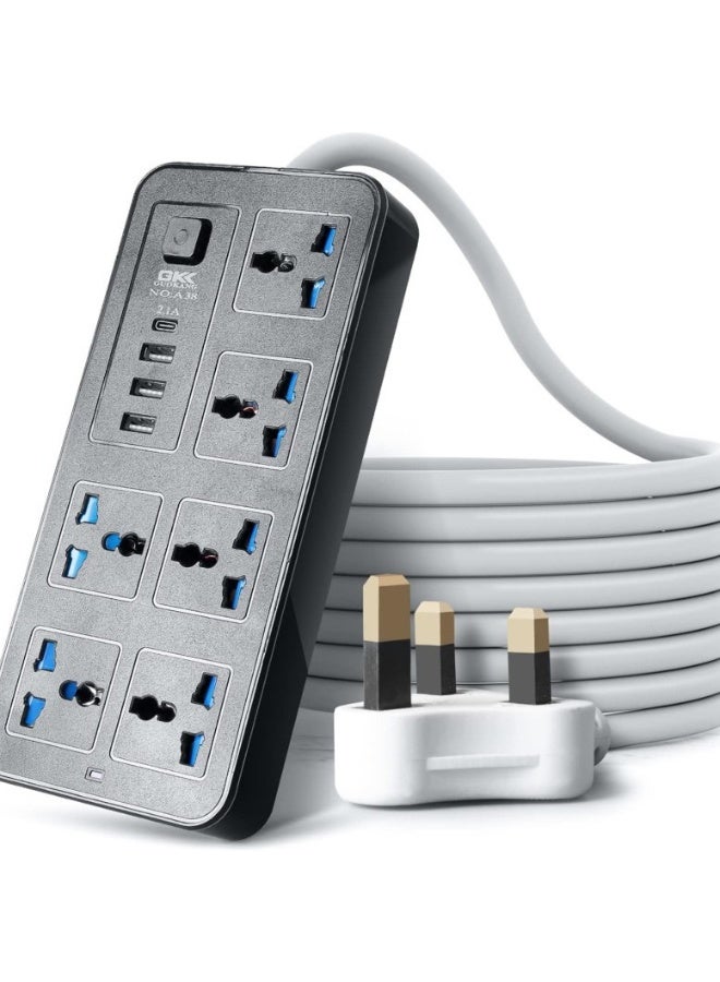 2Meters Universal Extension Lead with Multiple Function UK Plug 3 Pin Socket Outlet with 6 Gang 3 USB Port 1 Type-C Port 5M Electric Socket Mains Strip for Home Kitchen and Office - Image 1