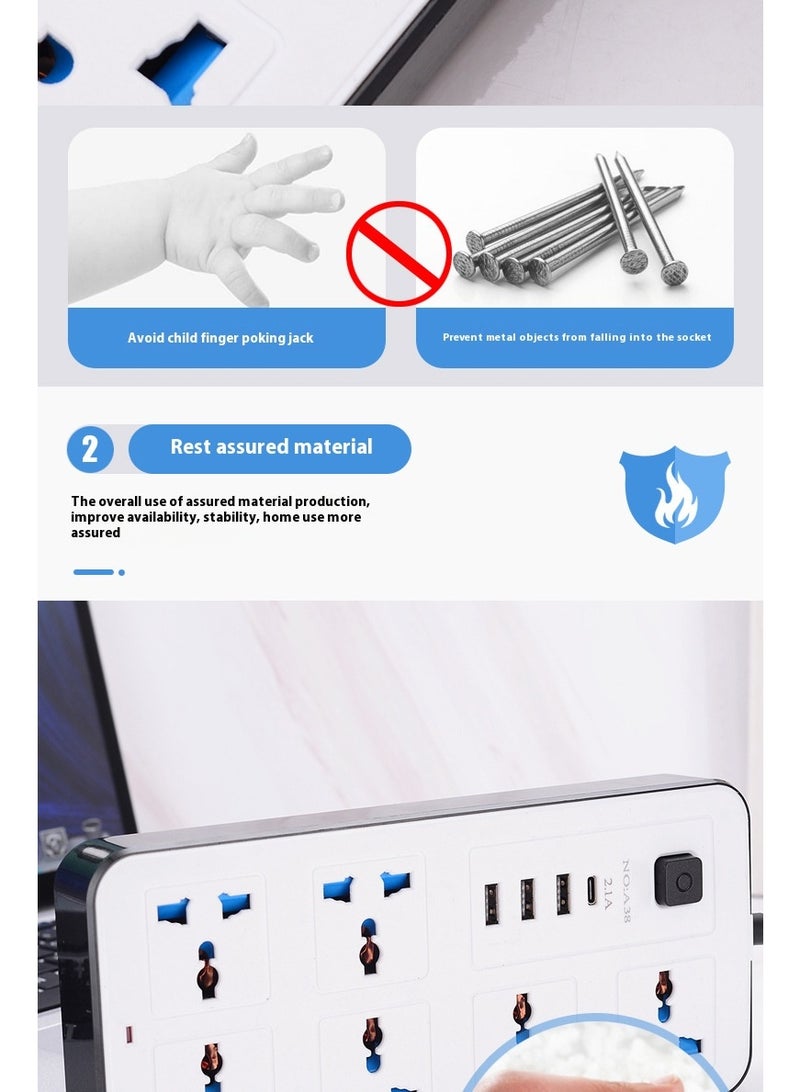 2Meters Universal Extension Lead with Multiple Function UK Plug 3 Pin Socket Outlet with 6 Gang 3 USB Port 1 Type-C Port 5M Electric Socket Mains Strip for Home Kitchen and Office - Image 5