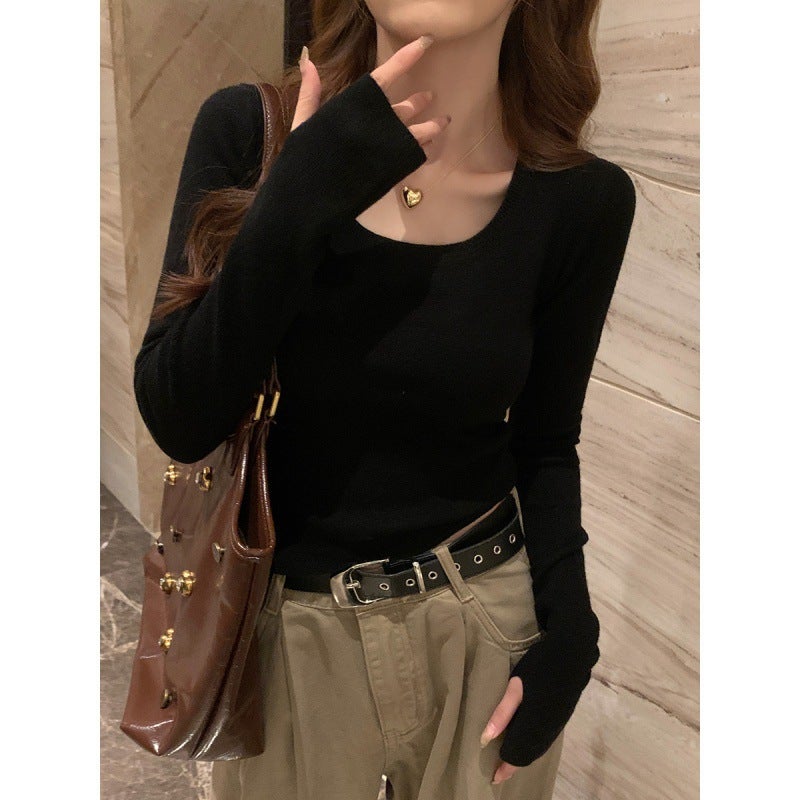 Low Collar Bottoming Shirt Womens 2025 New Spring and Autumn Grey Sweater Slim-fit Square Collar Sweater High-grade Inner Top Black