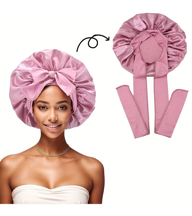 Set Of 2 Satin Bonnets With Elastic Strap In Pink For Home Hair Care - Image 2