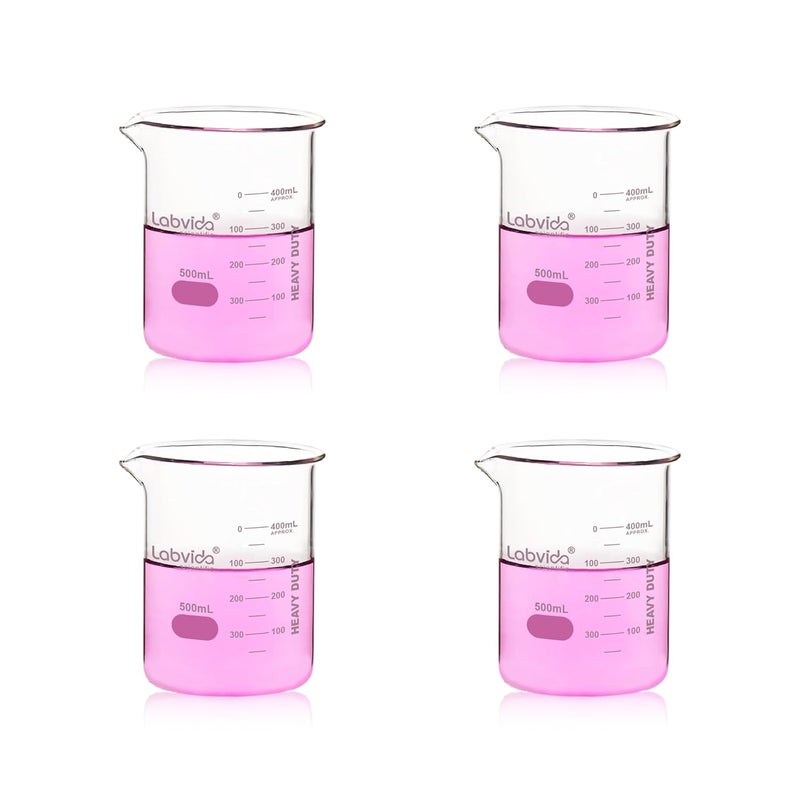 Labvida 4pcs 500ml Upgrated Thick Glass Beakers, Griffin Low Form Beaker Set with Double Scale, 3.3 Boro, LVA012 - Image 1