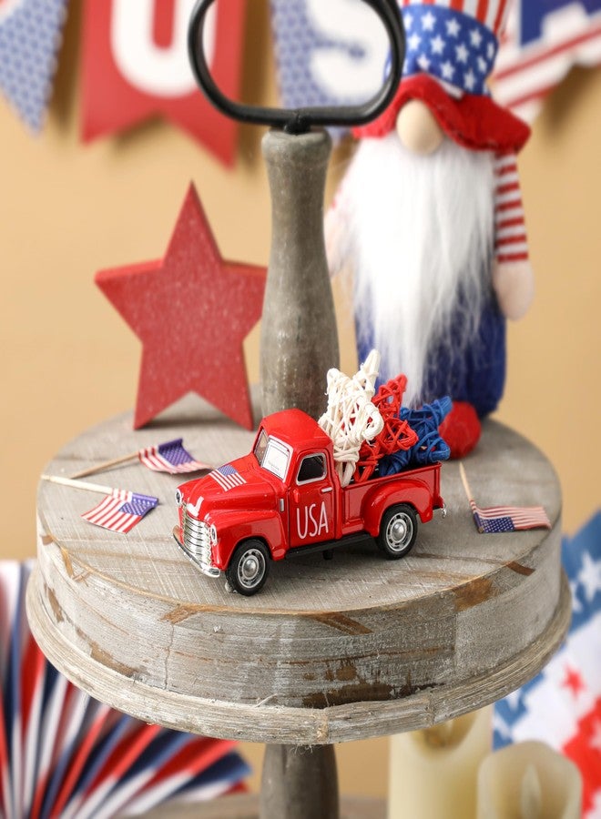 NEWLIGHTURE 4th of July Truck Decorations - Farmhouse Metal Truck Car Decor with Stars Decorations, Patriotic Centerpieces for Tables - Lndependence Day Memorial Day Red White and Blue Tiered Tray Decor - Image 2