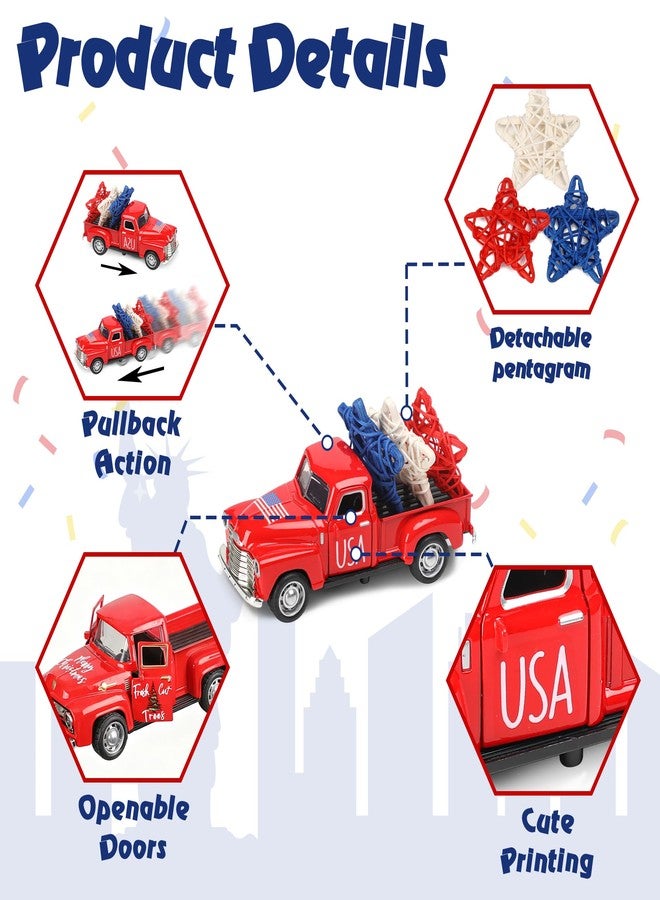 NEWLIGHTURE 4th of July Truck Decorations - Farmhouse Metal Truck Car Decor with Stars Decorations, Patriotic Centerpieces for Tables - Lndependence Day Memorial Day Red White and Blue Tiered Tray Decor - Image 4
