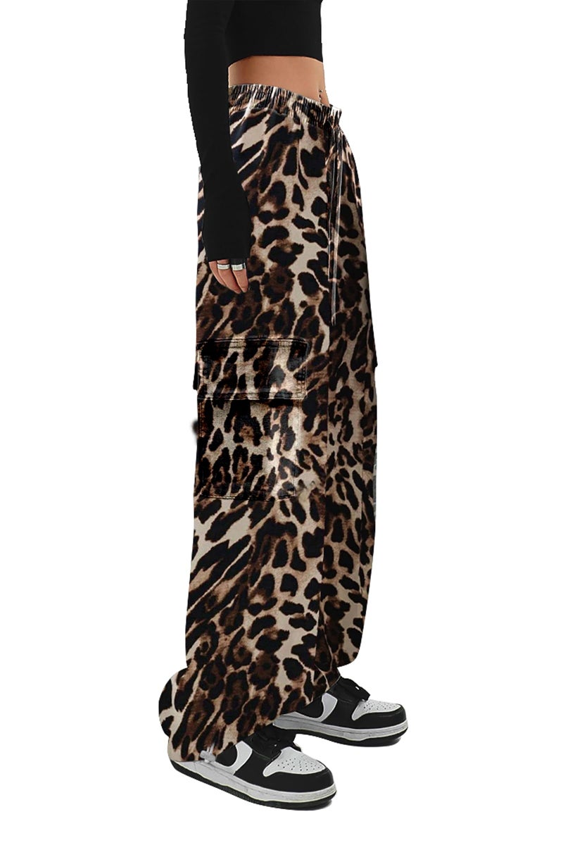SESERAGI Cargo Pants Women Baggy Streetwear Y2K Drawstring Trousers Wide Leg Pants Cheetah Leopard Print Brown L - Image 3