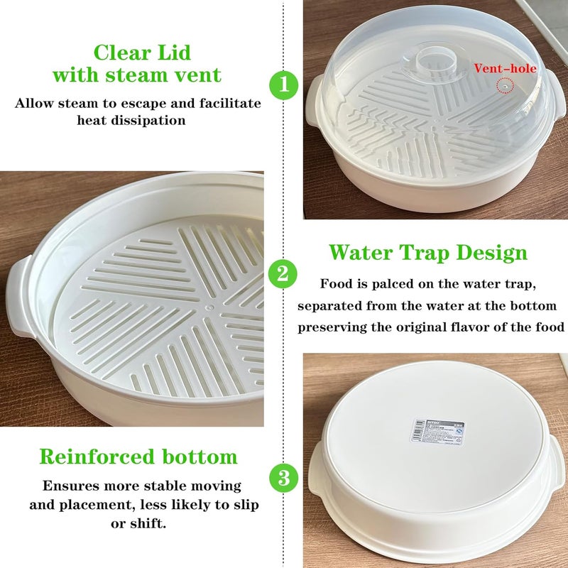 Bigwinyep Microwave Steamer for Vegetables, Plastic Microwave Vegetable Steamer with Lid for Vegetables Prep Seafood Fish Cooking, White-Round, 10Inch - Image 3