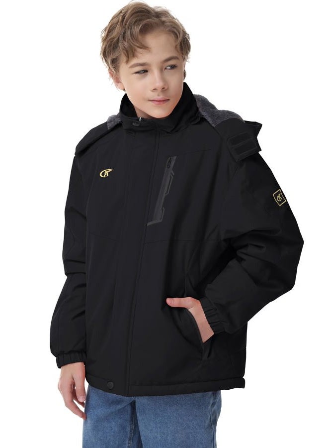Satankud Boys Waterproof Ski Snow Jacket Winter Fleece Lined Warm Coat Hooded Windproof Kids Outerwear, Black, 10-12 Years - Image 2