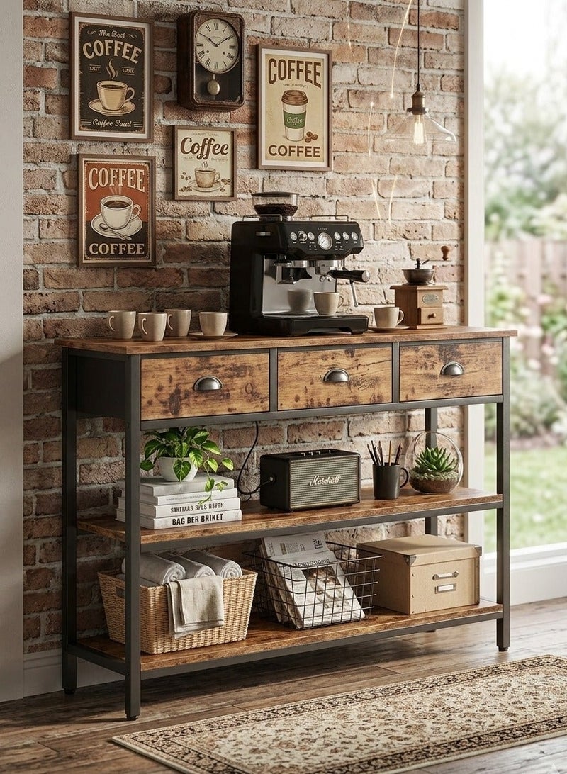 AGD Modern 3-Tier Console Table with 3 Drawers, Entryway and Living Room Side Table/ Rustic Brown - Image 1