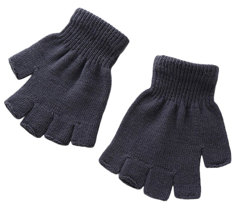 X&F Boys' and Girls' Solid Knitted Half Finger Mittens Typing Gloves, Small, Grey - Image 1