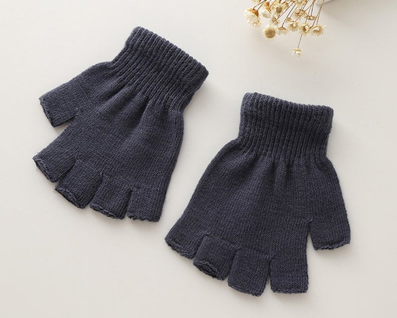 X&F Boys' and Girls' Solid Knitted Half Finger Mittens Typing Gloves, Small, Grey - Image 2
