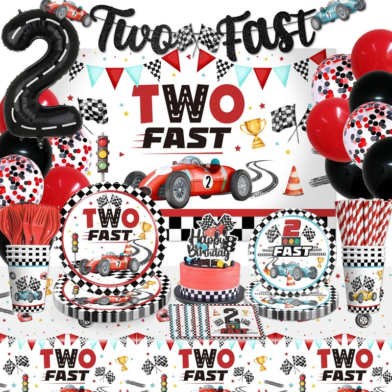 cocomigo 170Pcs Two Fast Birthday Decor 2 Fast Birthday Decorations Include Plate Cup Napkin Backdrop Banner Tablecloth Balloon Cutlery and Topper - Image 2