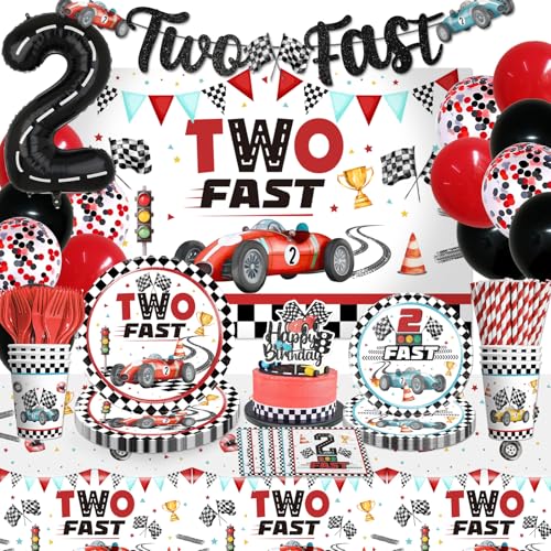cocomigo 170Pcs Two Fast Birthday Decor 2 Fast Birthday Decorations Include Plate Cup Napkin Backdrop Banner Tablecloth Balloon Cutlery and Topper - Image 1