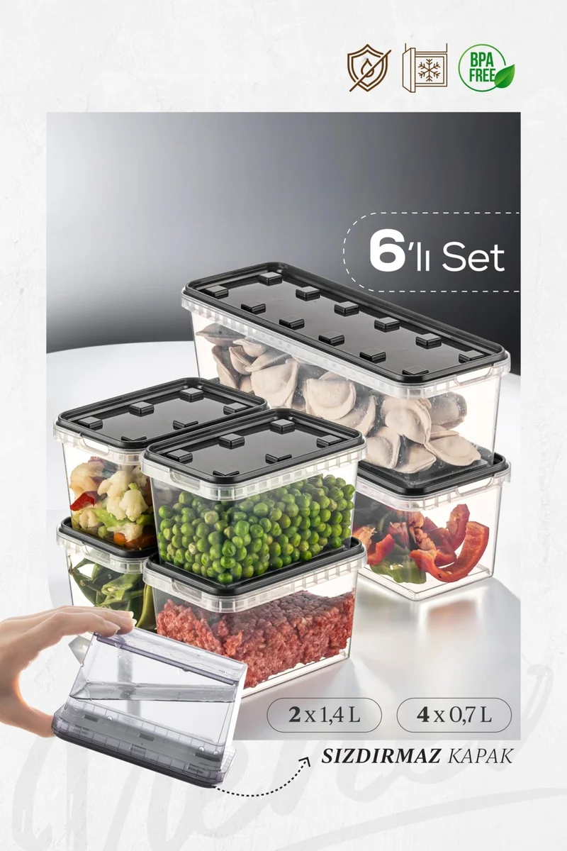 Vienev 6-pack 2x(1.4 Lt)-4x(0.7 Lt) Block Refrigerator and Deep Freezer Leakproof Storage Container Anthracite