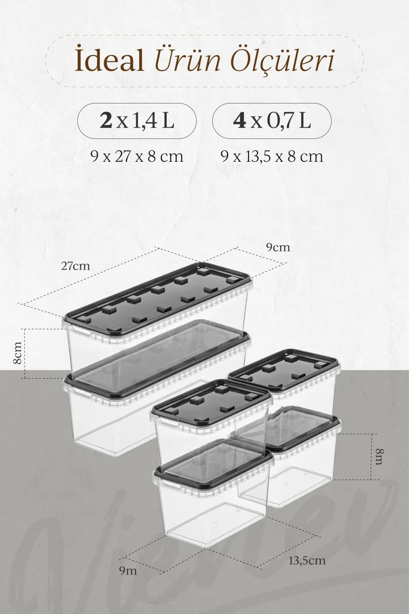 Vienev 6-pack 2x(1.4 Lt)-4x(0.7 Lt) Block Refrigerator and Deep Freezer Leakproof Storage Container Anthracite