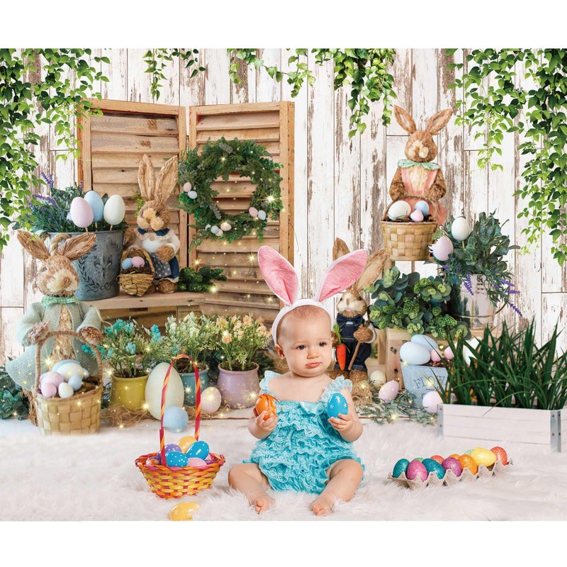 Felortte 7x5ft Polyester Spring Easter Backdrop Rustic White Wooden Wall Colorful Eggs Rabbit Photography Background for Birthday Baby Shower Party Decor Portrait Banner Photo Booth Studio Props - Image 3