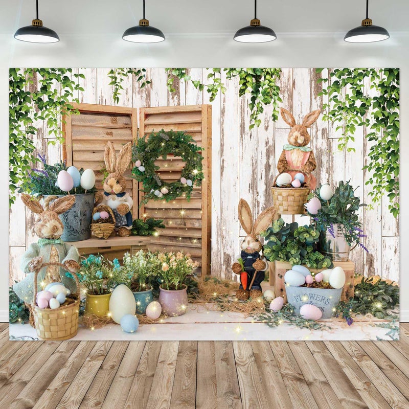 Felortte 7x5ft Polyester Spring Easter Backdrop Rustic White Wooden Wall Colorful Eggs Rabbit Photography Background for Birthday Baby Shower Party Decor Portrait Banner Photo Booth Studio Props - Image 1