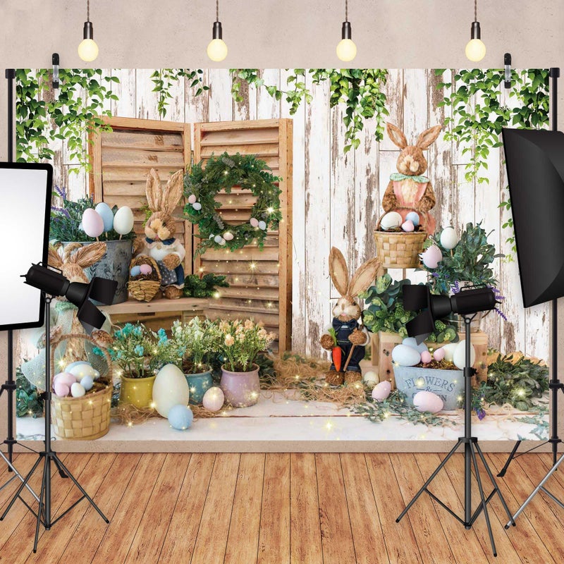 Felortte 7x5ft Polyester Spring Easter Backdrop Rustic White Wooden Wall Colorful Eggs Rabbit Photography Background for Birthday Baby Shower Party Decor Portrait Banner Photo Booth Studio Props - Image 2