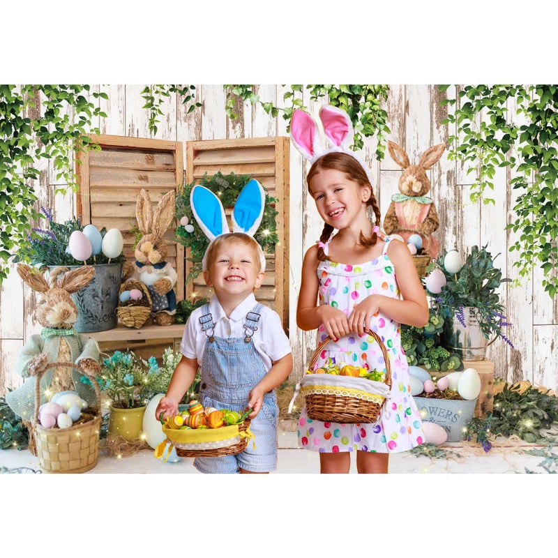 Felortte 7x5ft Polyester Spring Easter Backdrop Rustic White Wooden Wall Colorful Eggs Rabbit Photography Background for Birthday Baby Shower Party Decor Portrait Banner Photo Booth Studio Props - Image 4