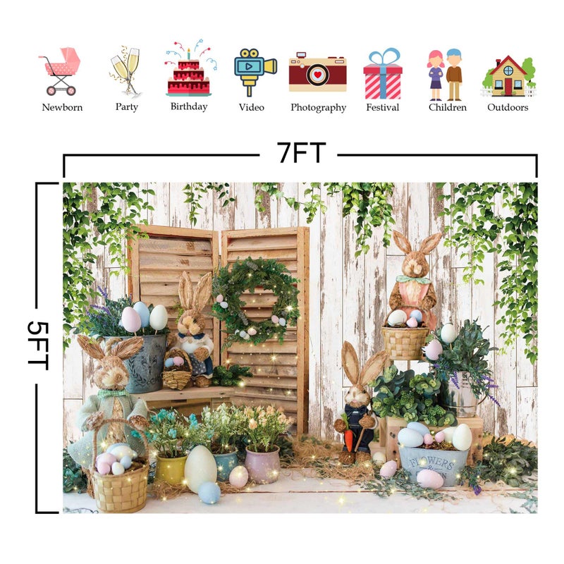 Felortte 7x5ft Polyester Spring Easter Backdrop Rustic White Wooden Wall Colorful Eggs Rabbit Photography Background for Birthday Baby Shower Party Decor Portrait Banner Photo Booth Studio Props - Image 5