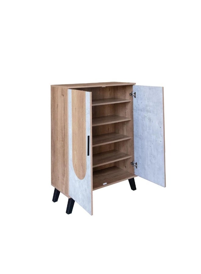 Baity Elegant Malaysian Wood Shoe Cabinet, 5 Shelves, 2 Doors - Wood with Grey - Image 4