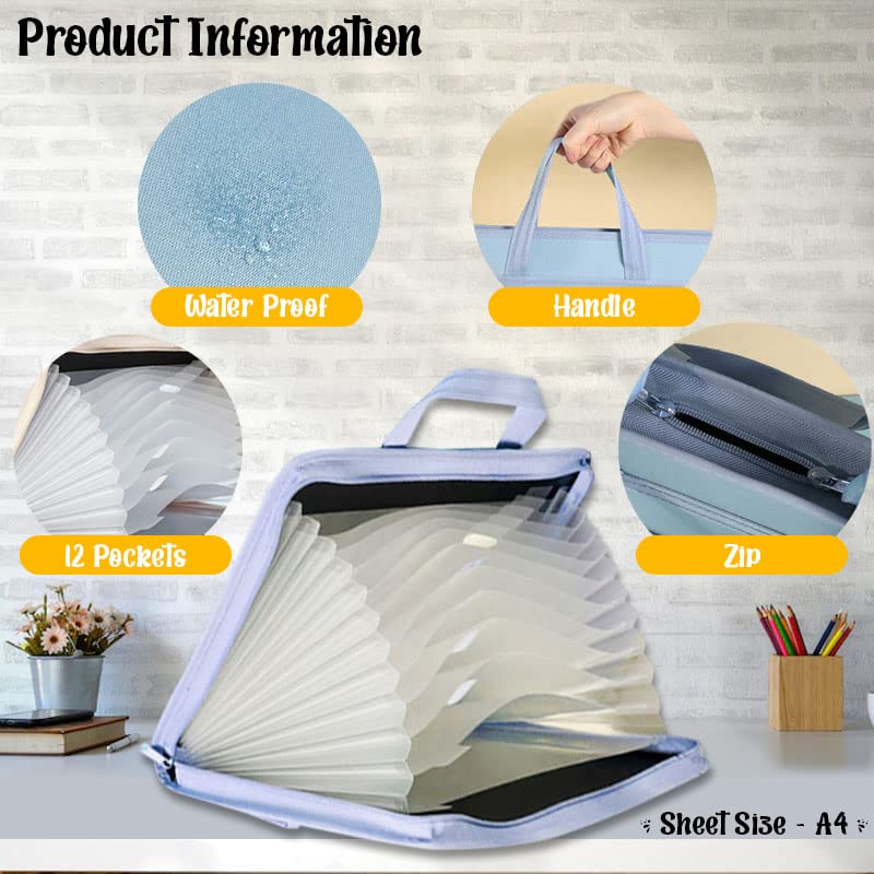 FunBlast محفظة ملفات بحجم A3 مع قفل سحاب - حقيبة تخزين ملفات بـ 12 جيب، حقيبة تنظيم ملفات السفر، حامل ملفات الفنانين/الشهادات (أزرق) - Image 2