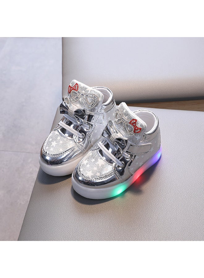 Children's Spring And Autumn Cartoon Bright Diamond Sparkling Shoes Boys And Girls Leather Breathable Luminous Sneakers Girls' Princess Shoes Trendy