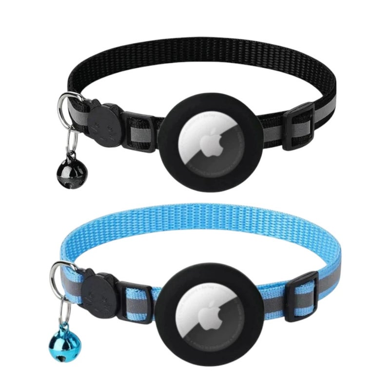 Cat Collar for AirTag - Reflective Silicone Holder with Bell - Black and Blue
