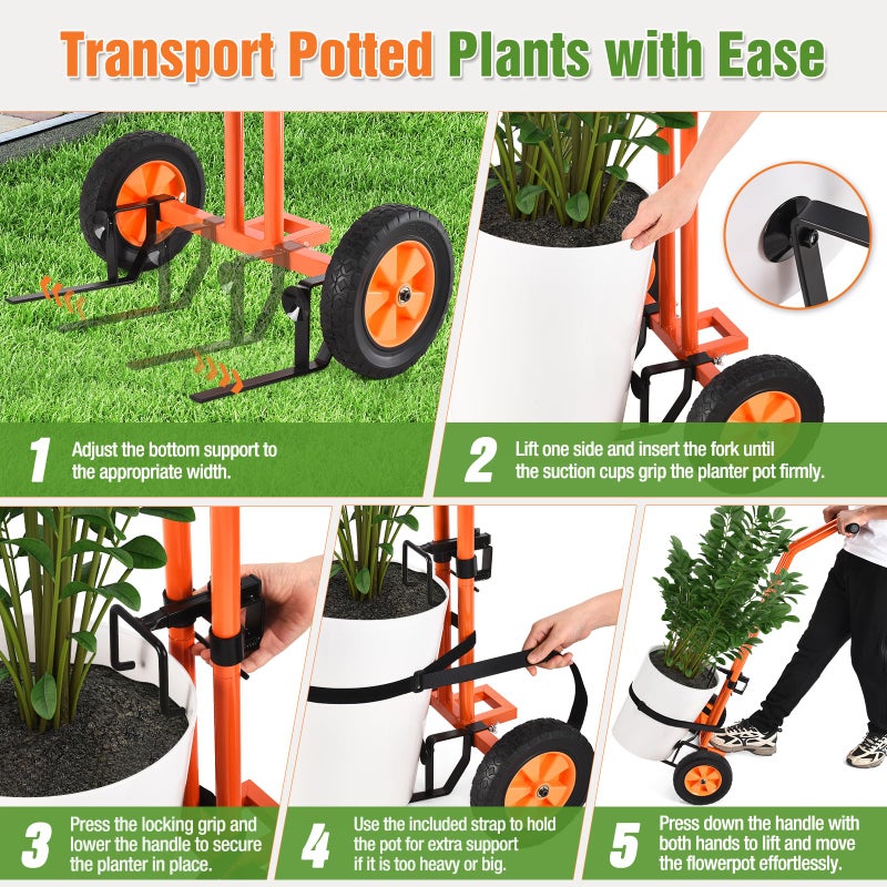 AugFir Plant Caddy with Wheels, Heavy Duty Plant Dolly Cart with Adjustable Grabbing Arm and Suction Cups for Plant Pots, Garden Pot Mover Trolley Cart with Strap, Ideal for Indoor and Outdoor Use, Orange - Image 5