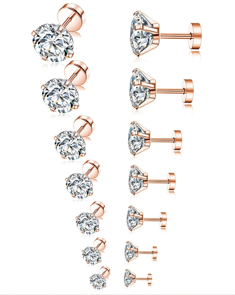 Tornito 7 Pairs 20G Stainless Steel Stud Earrings Round Cubic Zirconia Earring Set for Men Women 2MM-8MM (C:7 Pairs, Rose Gold Tone,Flat Back) - Image 1