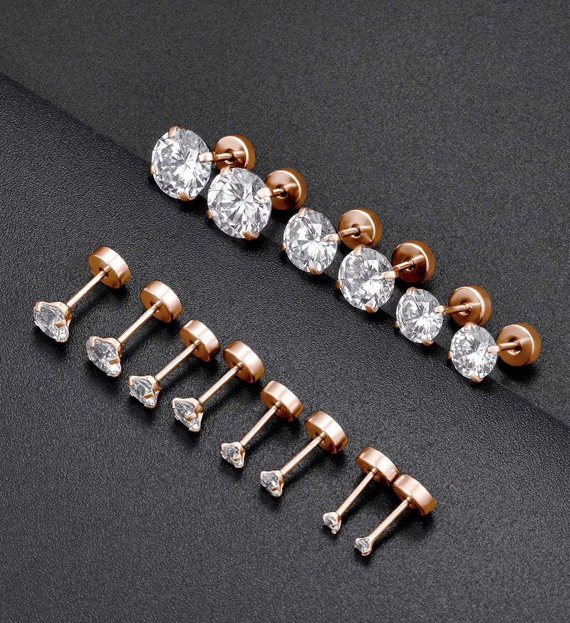 Tornito 7 Pairs 20G Stainless Steel Stud Earrings Round Cubic Zirconia Earring Set for Men Women 2MM-8MM (C:7 Pairs, Rose Gold Tone,Flat Back) - Image 5