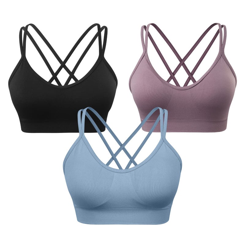 VEQKING Strappy Sports Bras for Women 3 Pack Criss-Cross Yoga Bras Medium Support Cross Back Workout Running Bra with Padded - Image 1