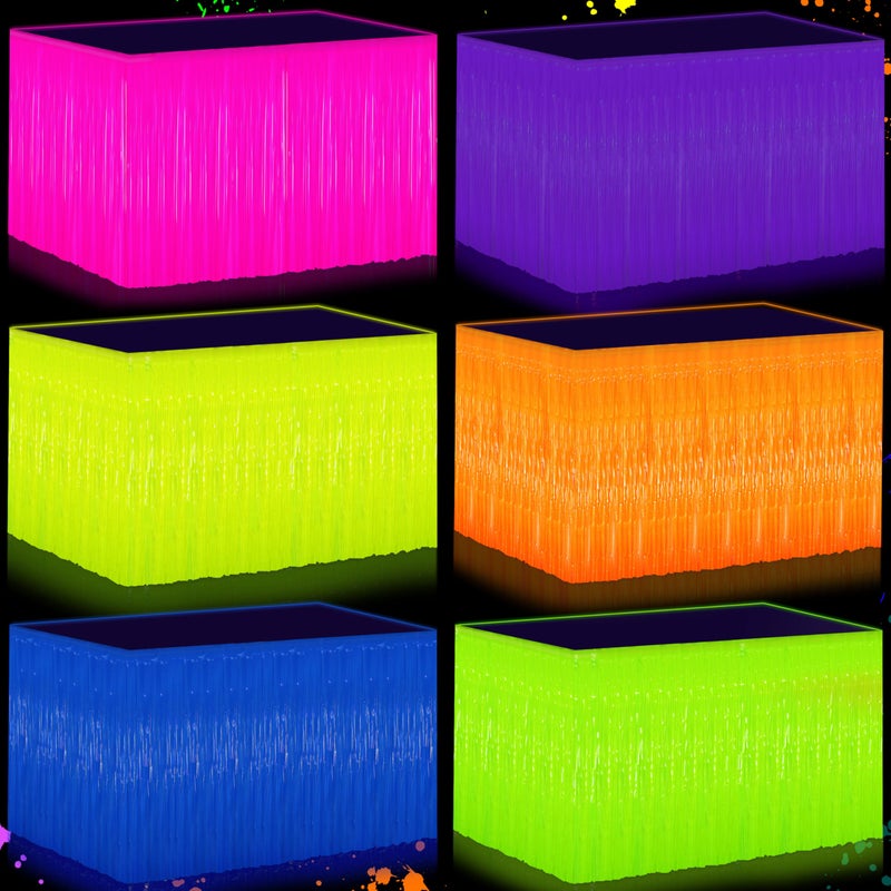 Fayoo Glow in the Dark Party Supplies - 6Pack Neon Tinsel Fringe Table Skirts Party Decorationï¼Œ 31.5"x118" UV Reactive & Fluorescent Neon Streamers for Glow Party, Birthday, Rave, Blacklight Event - Image 1