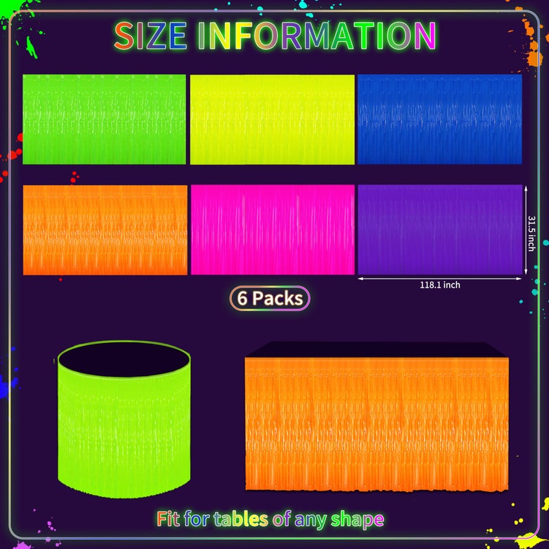 Fayoo Glow in the Dark Party Supplies - 6Pack Neon Tinsel Fringe Table Skirts Party Decorationï¼Œ 31.5"x118" UV Reactive & Fluorescent Neon Streamers for Glow Party, Birthday, Rave, Blacklight Event - Image 2