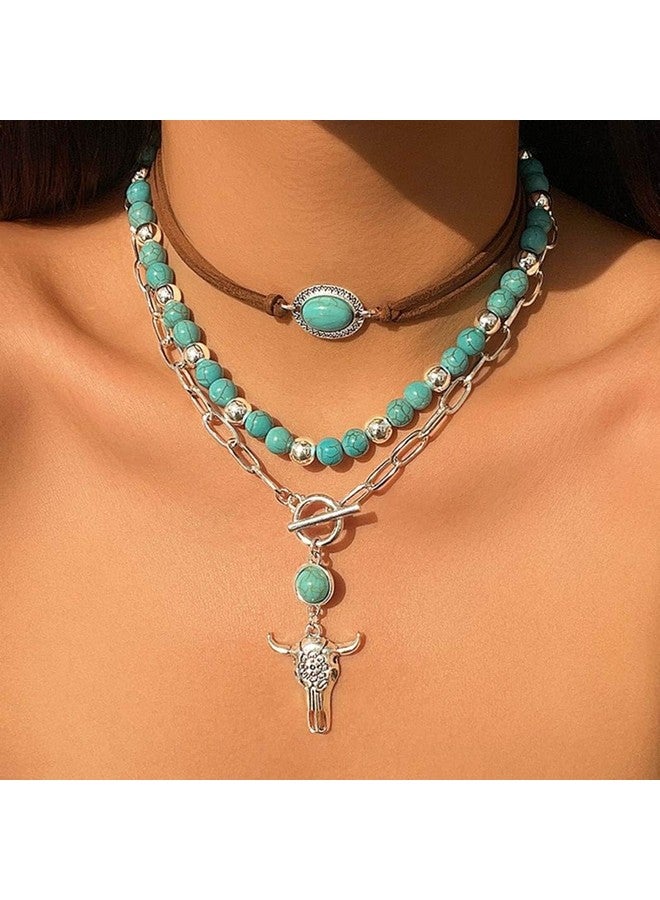 Jovono Boho Choker Necklace Silver Cowgirls Boot Pendant Necklaces Turquoise Western Necklace Chain For Women (Set F) - Image 3