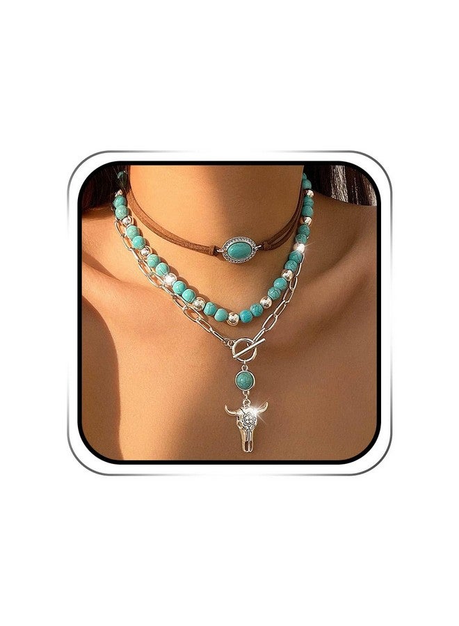 Jovono Boho Choker Necklace Silver Cowgirls Boot Pendant Necklaces Turquoise Western Necklace Chain For Women (Set F) - Image 1