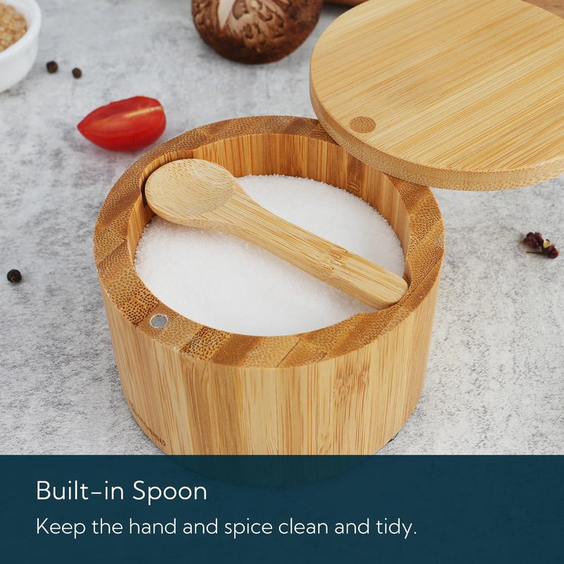 KITCHENDAO Bamboo Salt Cellar Bowl Box Container with Built-in Spoon, Elegant Kitchen Salt Dish Holder Saver Jar with Swivel Magnetic Lid to Storage Pepper Spice, 6OZ - Image 3