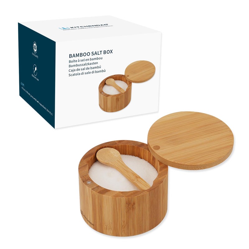 KITCHENDAO Bamboo Salt Cellar Bowl Box Container with Built-in Spoon, Elegant Kitchen Salt Dish Holder Saver Jar with Swivel Magnetic Lid to Storage Pepper Spice, 6OZ - Image 1