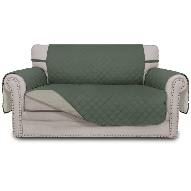 Easy-Going EasyGoing Reversible Loveseat Couch Cover for 2 Cushion Couch Sofa Cover for Dogs Water Resistant Furniture Protector with Foam Sticks Elastic Straps for Pet Loveseat Greyish GreenBeige - Image 1