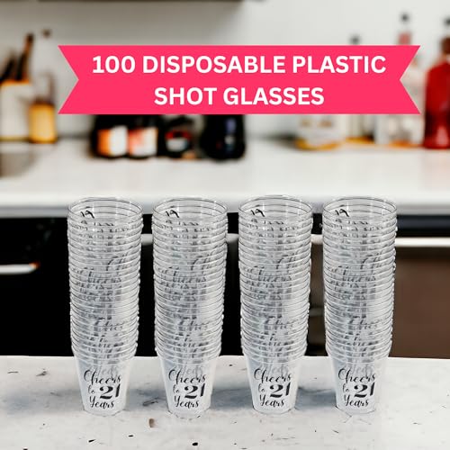 Cloverjoyed 21st Birthday Plastic Shot Glasses, 100 Pack, Cheers to 21 Years Disposable Party Drinking Mini Cups, Favors, Decorations, Games, Gag Gifts - Image 2