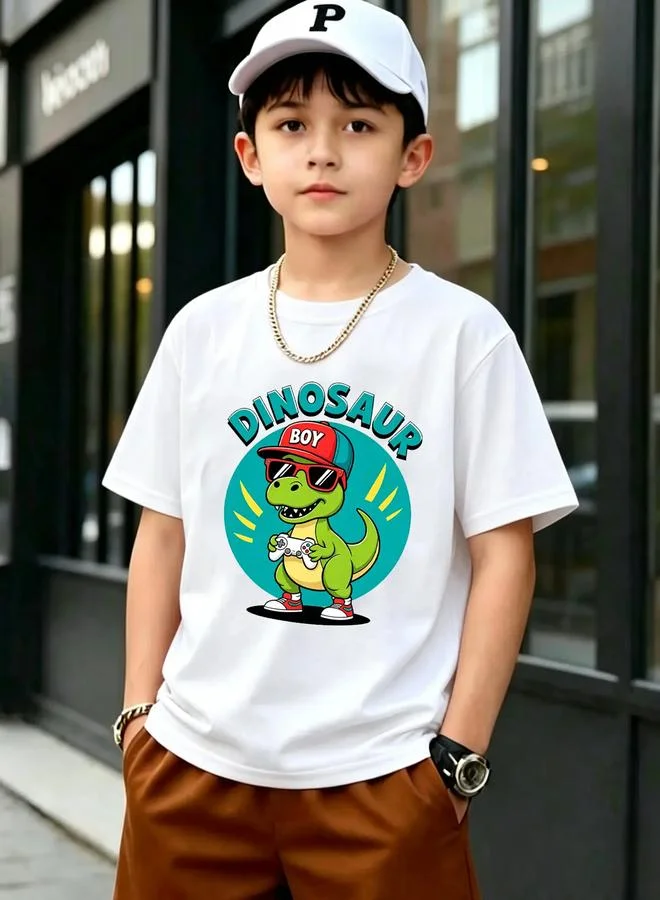 Take Two Boys White Cotton Dino Gamer Graphic T-Shirt
