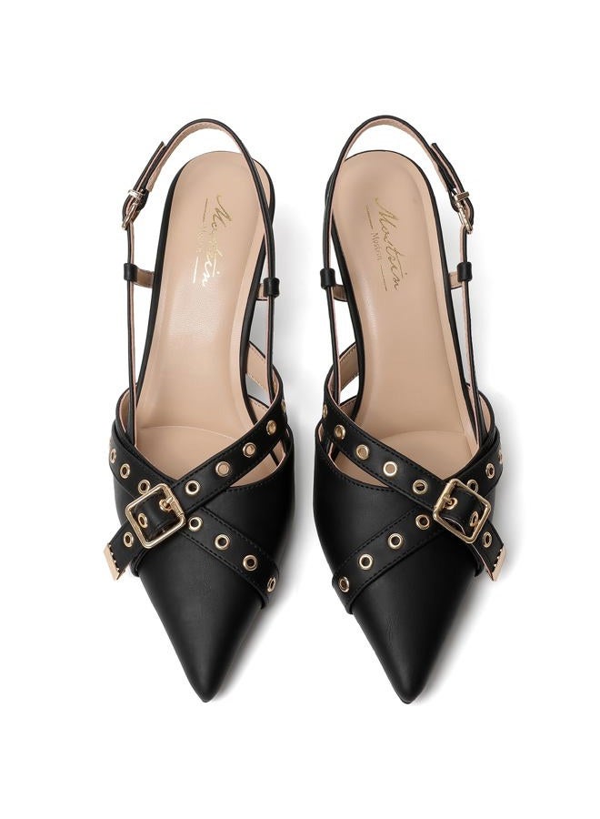 Mostrin Slingback Kitten Heels for Women Studded Heeled Pumps Pointed Closed Toe Heels Vintage Stiletto Pumps Shoes, Black, 8 - Image 5